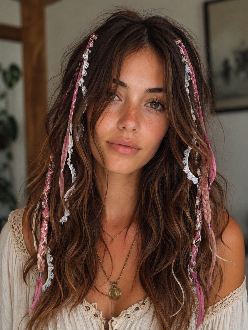 Boho Pink & White Hair Wraps - Women's Festival Hair Accessories 5pcs
